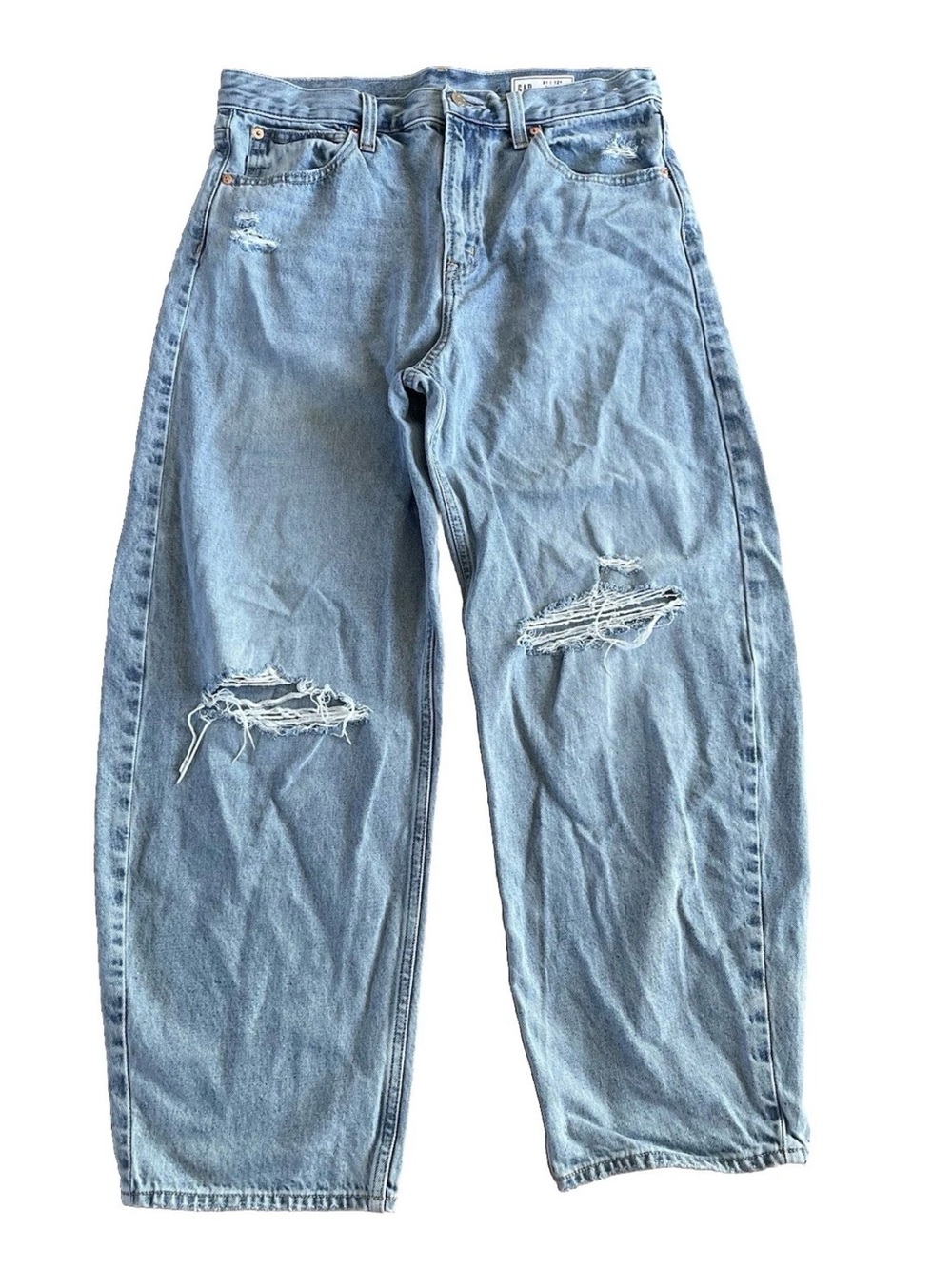 Gap High Rise Barrel Jeans 31 12s Womens Light Indigo Blue Destroy Inseam 28” - Picture 6 of 6